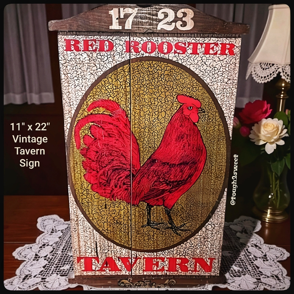 VINTAGE 11" BY 22" RARE VINTAGE TAVERN ROOSTER ON A WOOD BOARD~COLLECTABLE